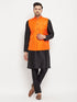Vastramay Men's Orange Matka Silk Nehru Jacket With Black Silk Blend Kurta and Pant style Pyjama Set